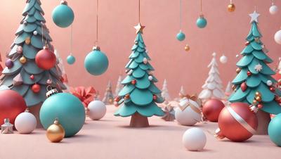 The primary subject of the image is a Christmas tree, which is the main object in the scene. The tree is surrounded by various ornaments, including balls and stars, creating a festive and joyful atmosphere. The setting is a pink background, which adds a warm and cozy touch to the scene. The visual style of the image is a combination of photo and digital art, giving it a realistic yet artistic appearance. The colors and mood of the image are predominantly pink and white, evoking feelings of warm
